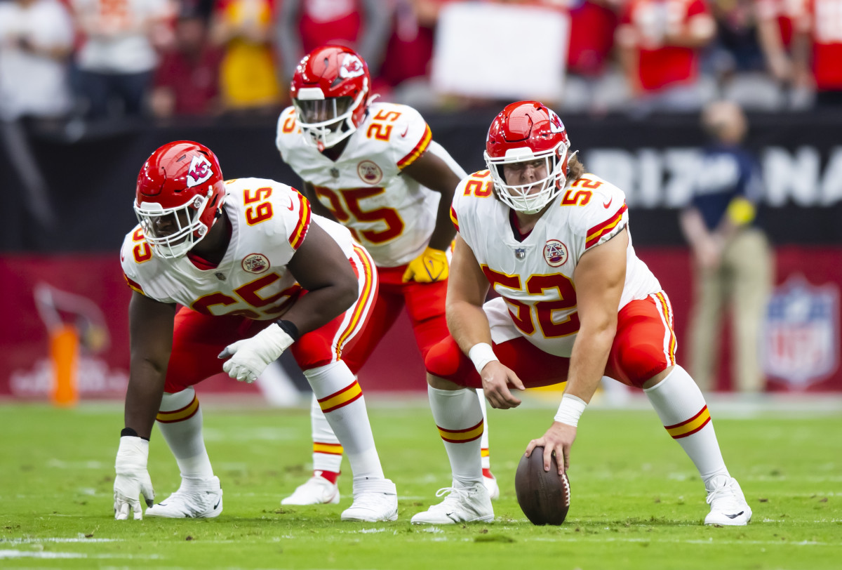 Sep 11, 2022; Glendale, Arizona, USA; Kansas City Chiefs guard Trey Smith (65) and center Creed Humphrey (52) against the Arizona Cardinals at State Farm Stadium. Mandatory Credit: Mark J. Rebilas-USA TODAY Sports